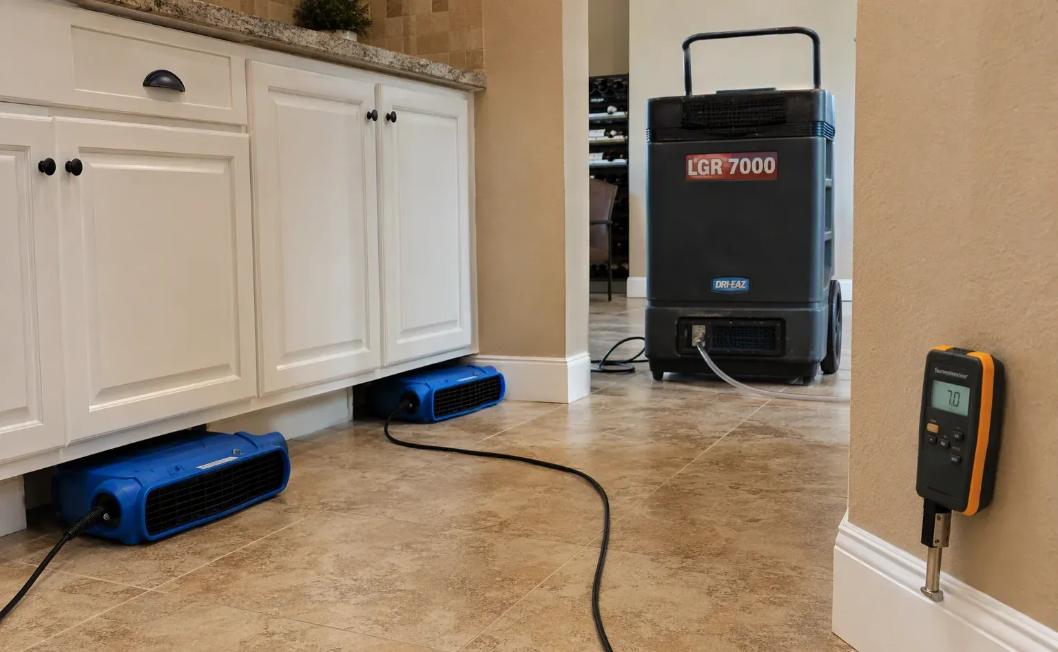 Structural drying with dehumidifiers and air movers in a Sarasota home